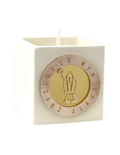 Bomboniera candela Santa Cresima, cubo, dettagli dorati – H.6 × 6 × 