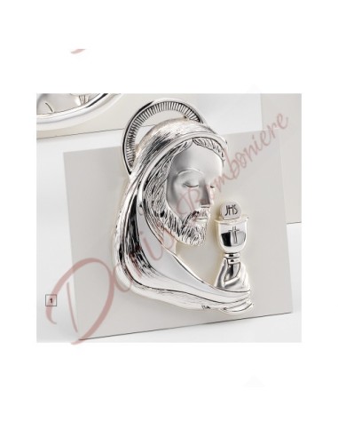 Bomboniera Cristo argentato retro legno 23x23 cm con scatola