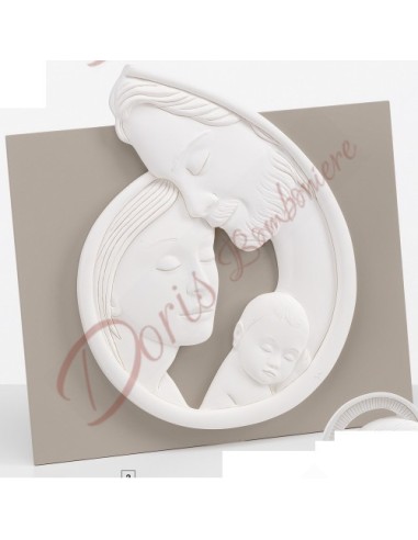 Bomboniera Sacra famiglia bianco luna con retro tortora in legno cm 38X38 con scatola