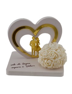 Bougie souvenir : à roses avec cœur et couple, doré – 12 × 8 H 9 cm