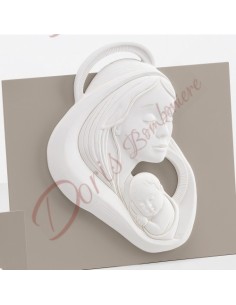 Madonna con bambino bianco luna con retro tortora in legno cm 23x23 con scatola