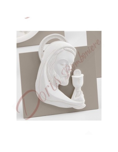 Bomboniere Cristo bianco luna con retro tortora in legno cm 12.5x13 con scatola