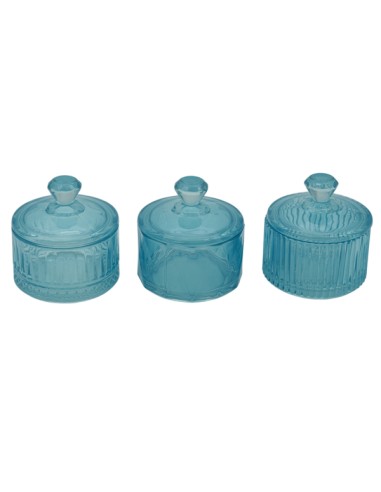 Small Prisma glass box favour, blue, 3 assorted designs – 6 × 7 cm