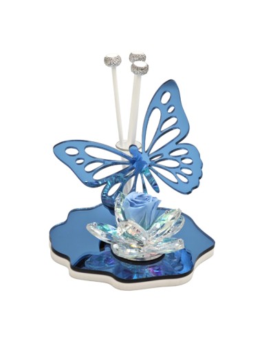 Diffuseur en cristal avec papillon et rose souvenir, bleu ciel