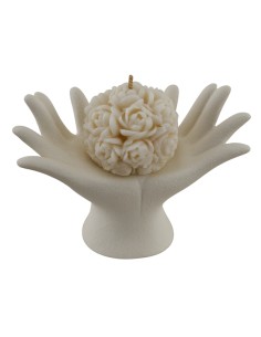 Bomboniera mani alte in bianco satinato, con candela sfera di rose