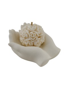 Bomboniera mani unite in bianco satinato, con candela sfera di rose