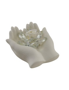 Bomboniera mani in bianco satinato, con fiore decorativo Swar, rosa