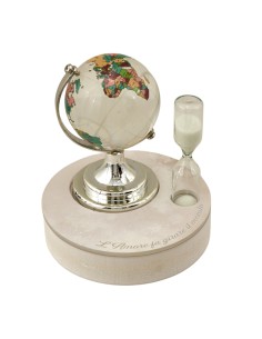 Globe favour, white, large, coloured, with hourglass – 9 × 9 × 10 cm