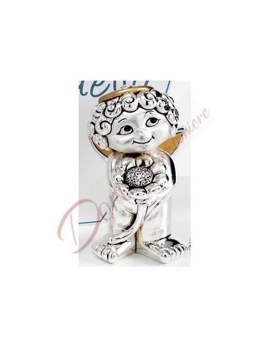 Angelo putto argento con fiore grande h 11.5 cm con scatola Angelo putto argento con fiore grande h 11.5 cm con scatola