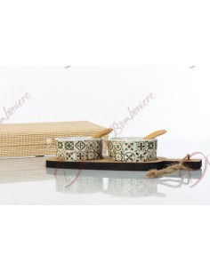Dim. 4X9X23 antipastiera due ciotoline in ceramica con base e forchettine in legno in scatola regalo in bambu' D6206
