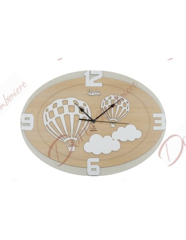 Dim. CM 33X45 "orologio da parete in legno "" love in on the air"" decoro mongolfiere, prodotto in italia "