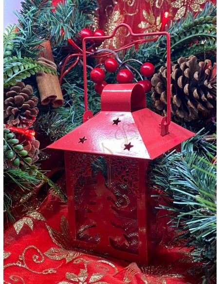 Lanterna metallo e vetro con albero di natale colore rosso Lanterna metallo e vetro con albero di natale colore rosso