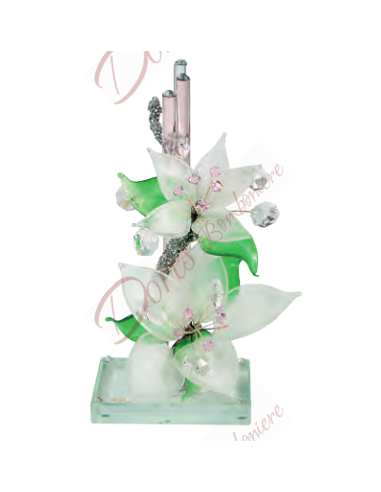 Sculpture Lys 20 cm avec fleurs de Murano et cristaux ROSE