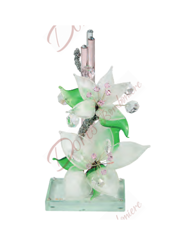 Scultura gigli cm 20 con fiori in murano e cristalli color ROSA
