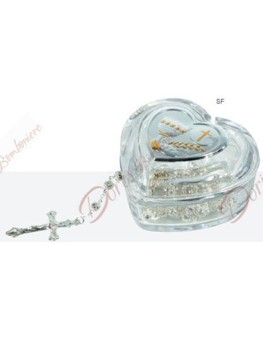 Heart-shaped box in crystal glass with rosary application of your choice 8.5 cm