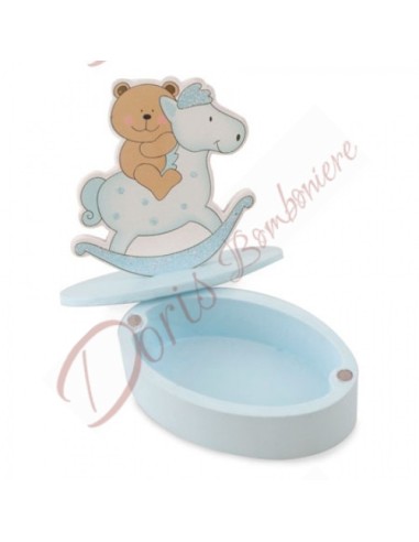 Wooden box with teddy bear with rocking horse for sugared almonds 4x5 cm