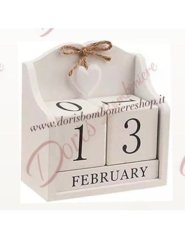 Bomboniere Calendario perpetuo in legno con cuore bianco 14.5x8x15 cm h