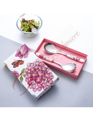 Set de 2 couverts à salade avec manche en céramique blanche à motif floral