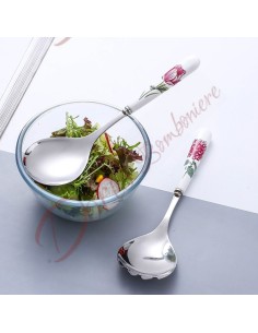 Set 2 Posate insalata con manico in ceramica bianco con fantasia floreale 2