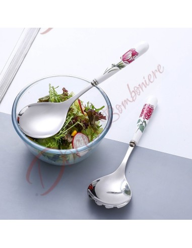 Set 2 Posate insalata con manico in ceramica bianco con fantasia floreale