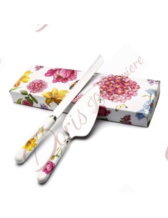 2-piece cake server set with dessert knife white ceramic handle with floral pattern