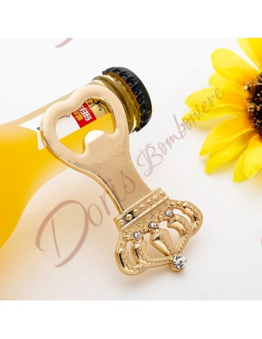 Crown bottle opener with gold colored metal rhinestones