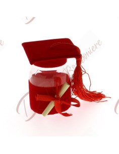 Barattolo Laurea con tocco rosso, fiocco, pergamena e nappino portaconfetti cm 7
