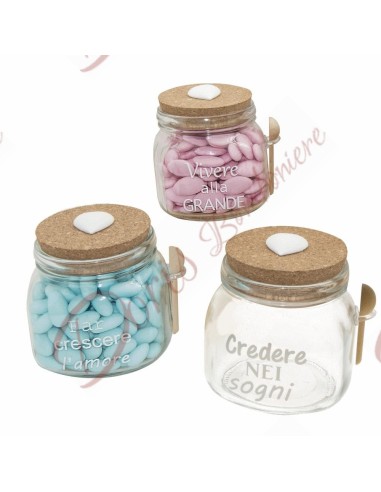 Barattolo in vetro con tappo in legno - modello sognare con frasi assortite 13 cm altezza bomboniera portaconfetti
