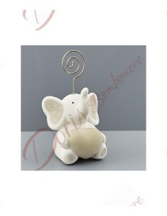 Bomboniera elefantino in ceramica bianco e tortora con pois - memo clip 6x5.8x7