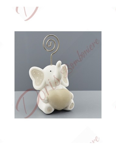 Favor elephant in white and dove gray ceramic with polka dots - memo clip 6x5.8x7