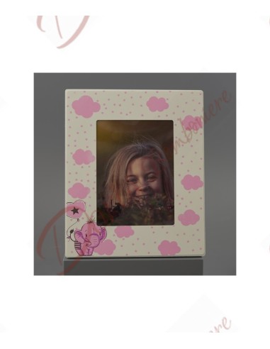 Bomboniera cornice porta foto con elefantino rosa verticale 22x27 (foto 15x20 cm)