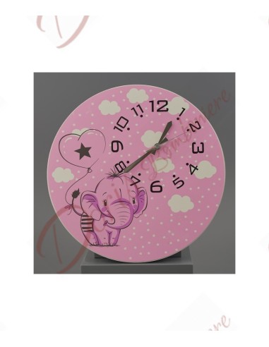 Horloge murale déco cadeau pour chambre fille rose avec éléphant diamètre 40 cm