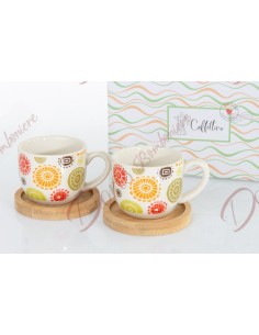 Solidarity favor useful set of 2 cups in ceramic and wood, cuorematto coffee line