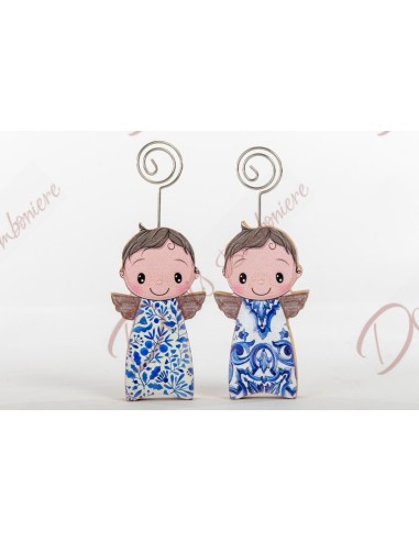 Bomboniera bimbo angelo monoclip in legno azzurro cm 10 cm prodotto solidale