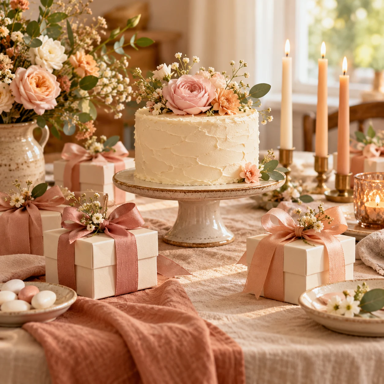 Torta color pesca e piccoli doni: ispirazione compleanno