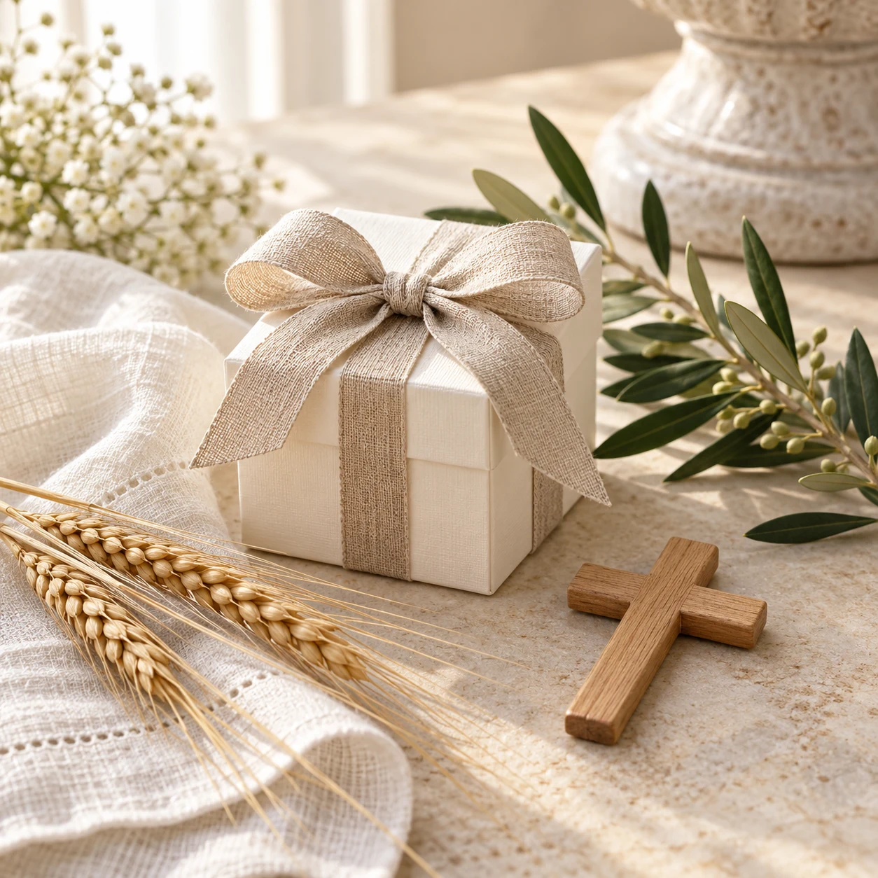 Croce in legno, spighe e confezioni: ispirazione comunione