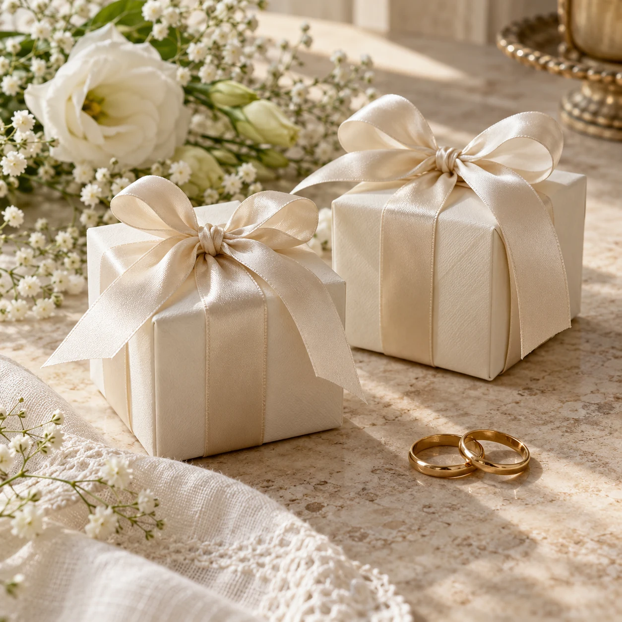 Scatole avorio con nastri e fedi: ispirazione matrimonio